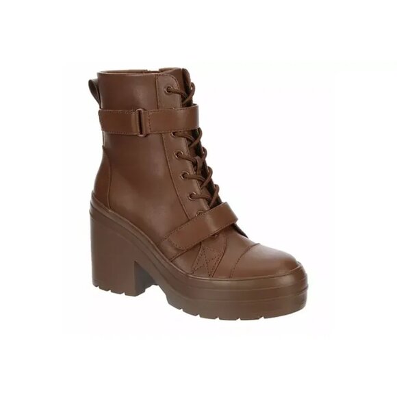 Limelight Shoes - LIMELIGHT Brown Faux Leather Platform Ankle Boots With Lace-Up & Side Zipper For